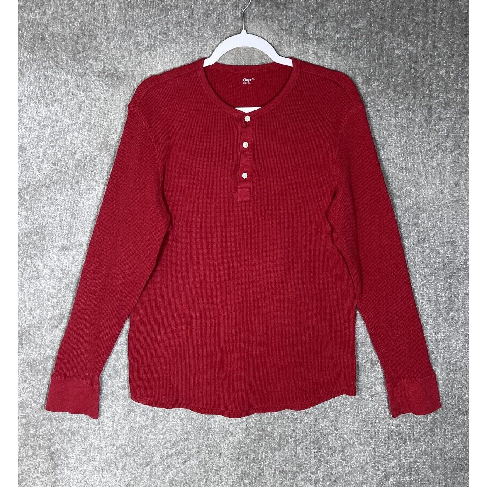Gap Long Sleeve Waffle Knit Henley Shirt Mens Size Xl Red Cotton